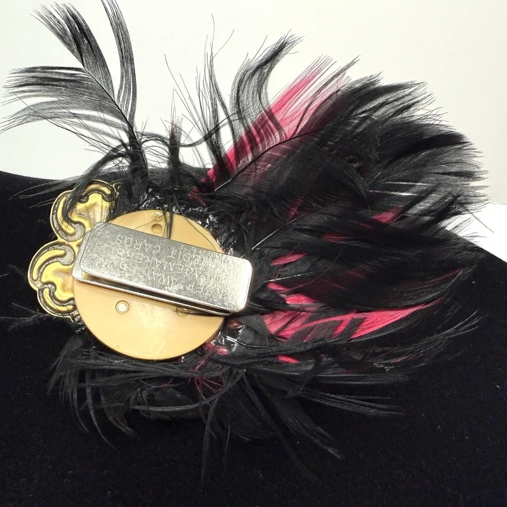 VTG Style Feather Brooch Magnetic Pin Pink Black Gold Tone Statement Jewelry 4in